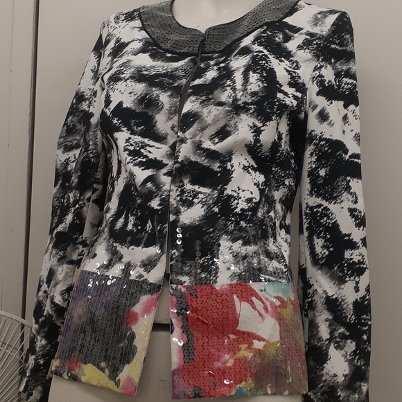 Chico Black white Geisha Face Blazer Sequined Jacket M L - Picture 3 of 7